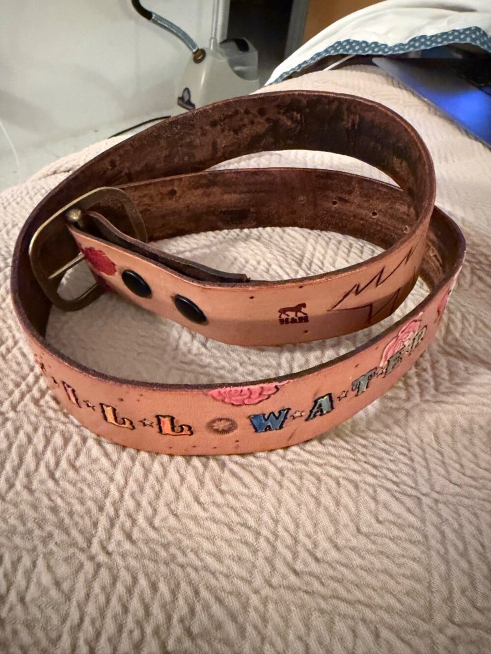 H&H Grateful Dead Handtooled Leather Belt "Ripple in Still Water" Size L Vintage